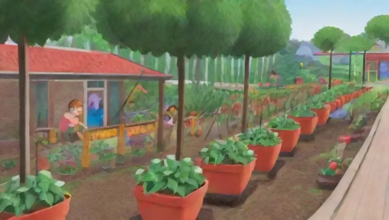 Un vibrante jardín escolar lleno de niños, frutas, flores y aprendizaje al aire libre