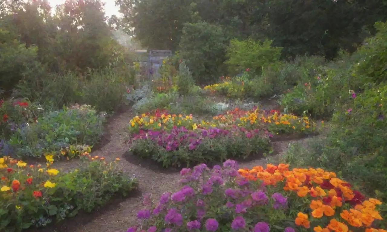 Jardín colorido con plantas saludables, mallas protectoras, pesticidas orgánicos, cultivos compañeros, mantillo, flores vibrantes y trampas para plagas