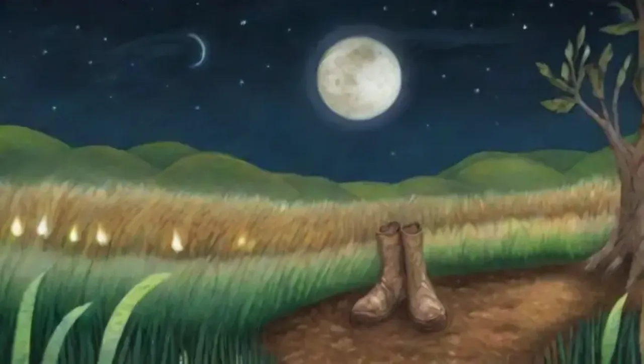 Un paisaje sereno iluminado por la luna, donde un agricultor cuida la tierra bajo un cielo estrellado
