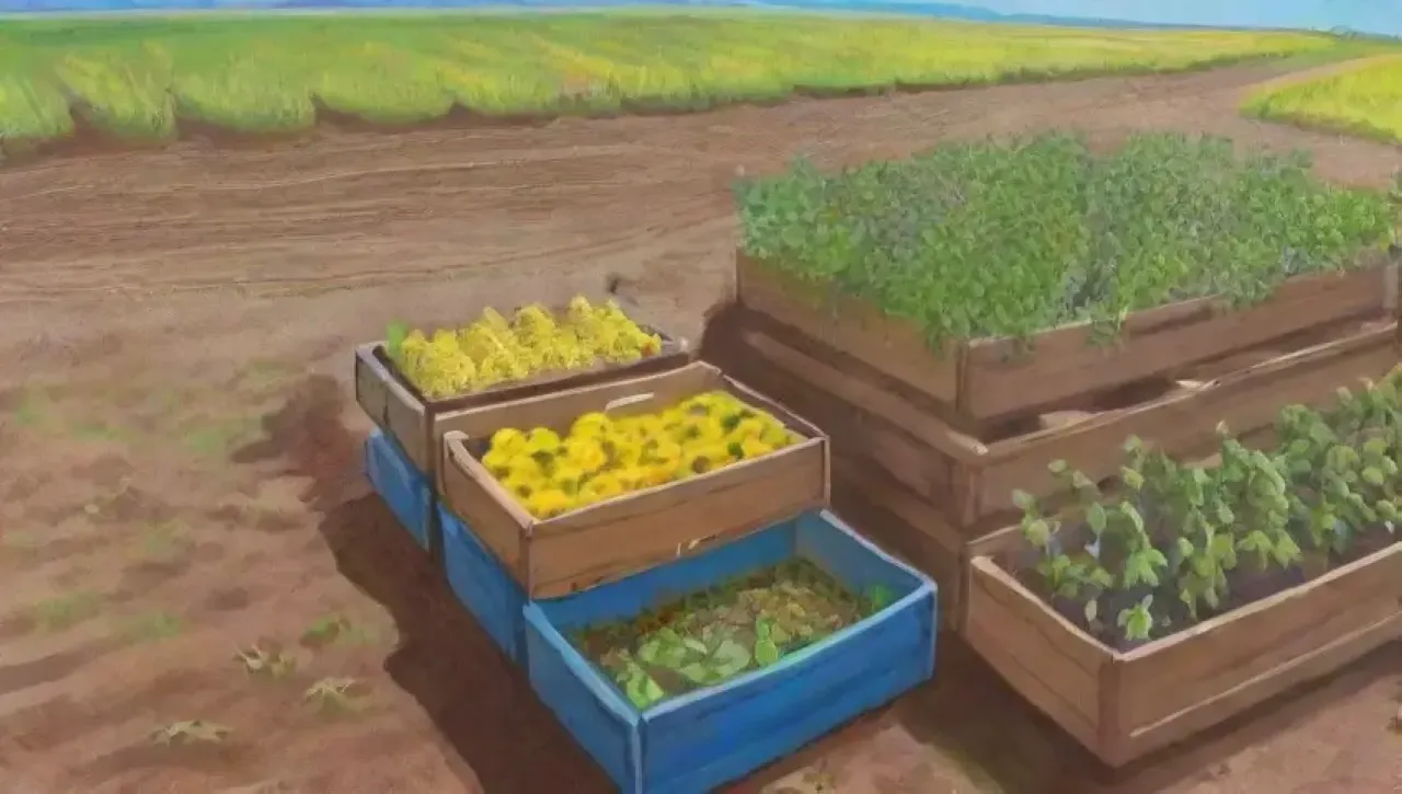 Un paisaje agrícola vibrante con campos verdes, flores amarillas y agricultores sonrientes