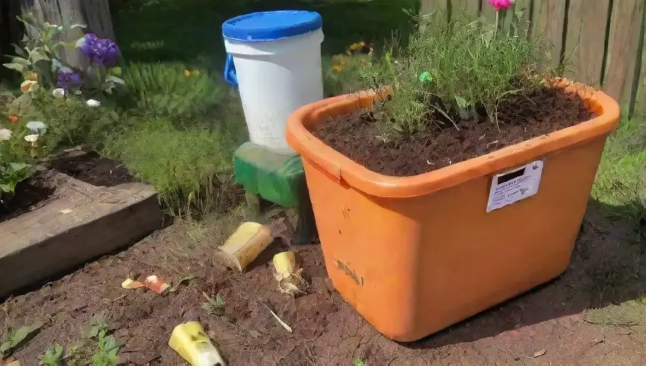 Un vibrante compostero rodeado de vegetales, tierra rica, herramientas y naturaleza
