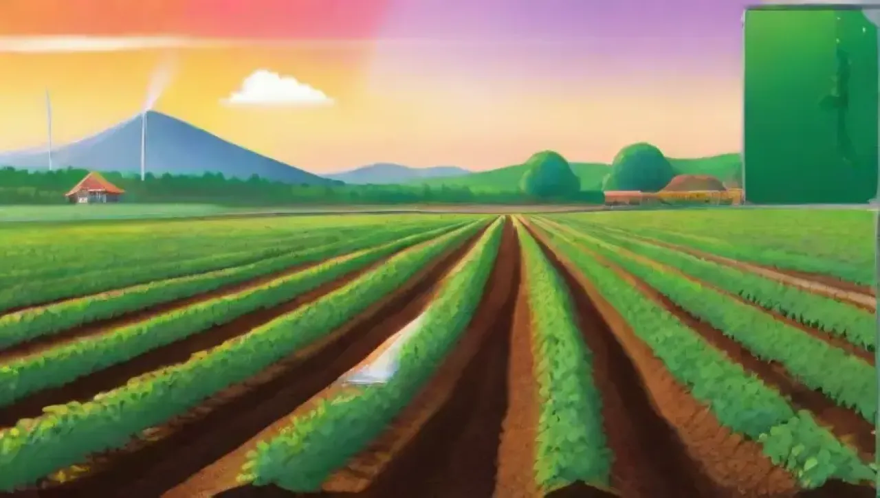 Un paisaje rural vibrante y tecnológico con cultivos, sensores, un agricultor y un dron