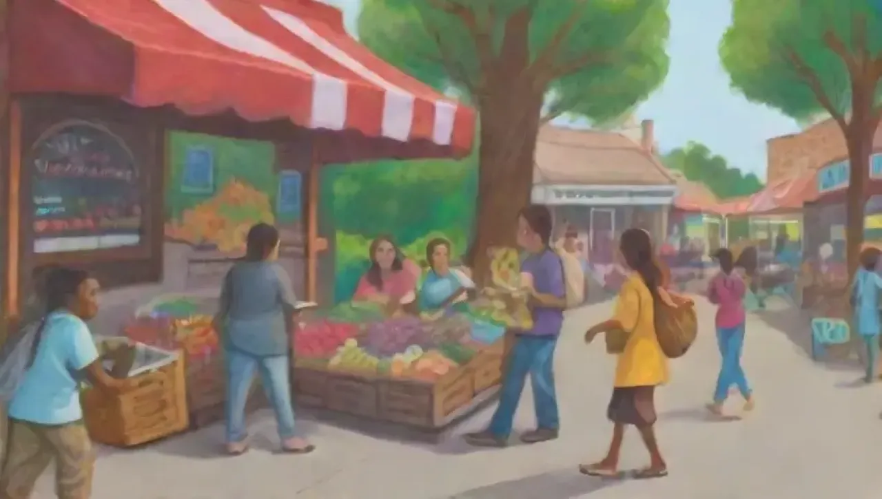 Un mural vibrante y colorido refleja una comunidad unida en un mercado lleno de vida y creatividad