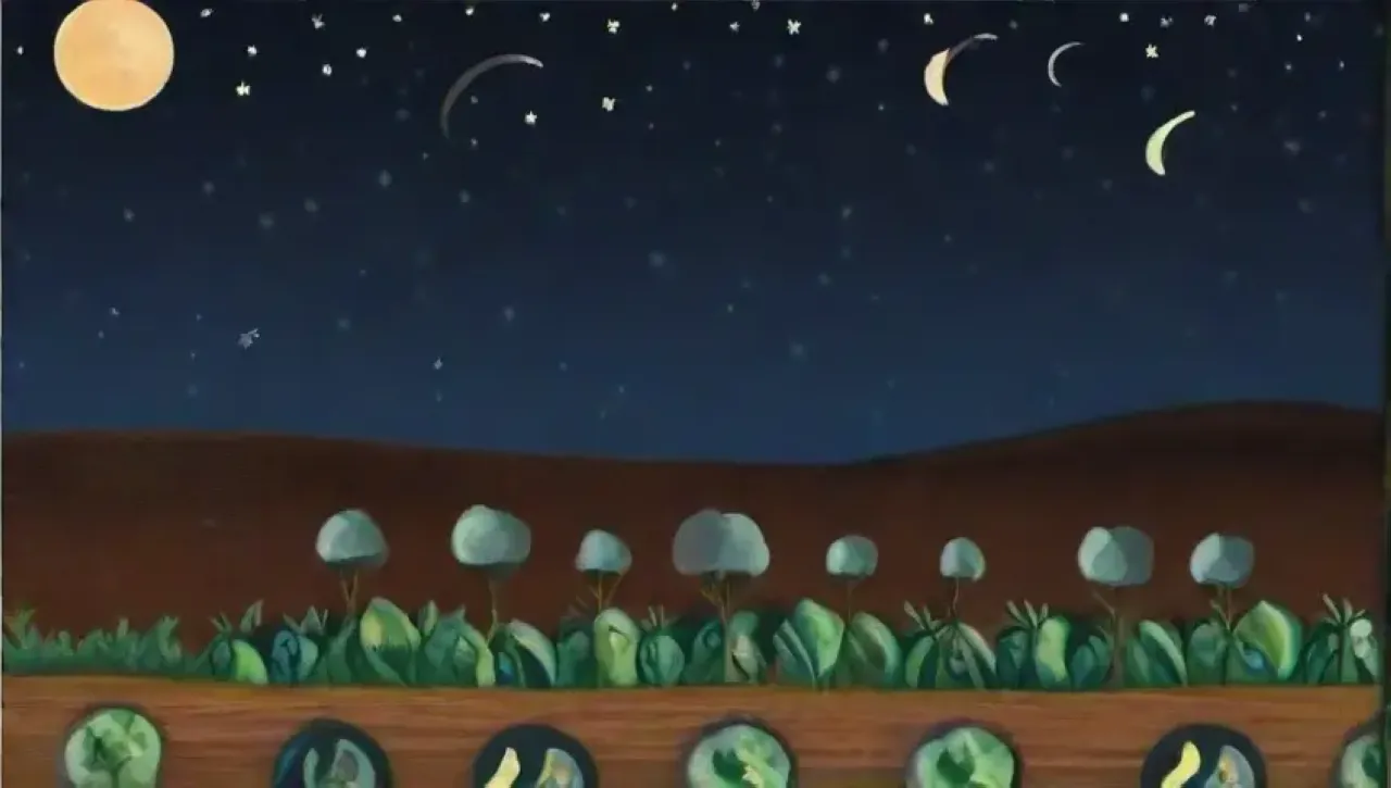 Una noche serena con luna llena ilumina campos verdes y flores vibrantes en armonía con la agricultura