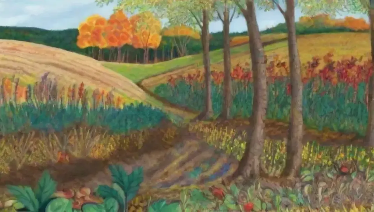 Un paisaje natural vibrante y armonioso con árboles, flores, cultivos y un arroyo