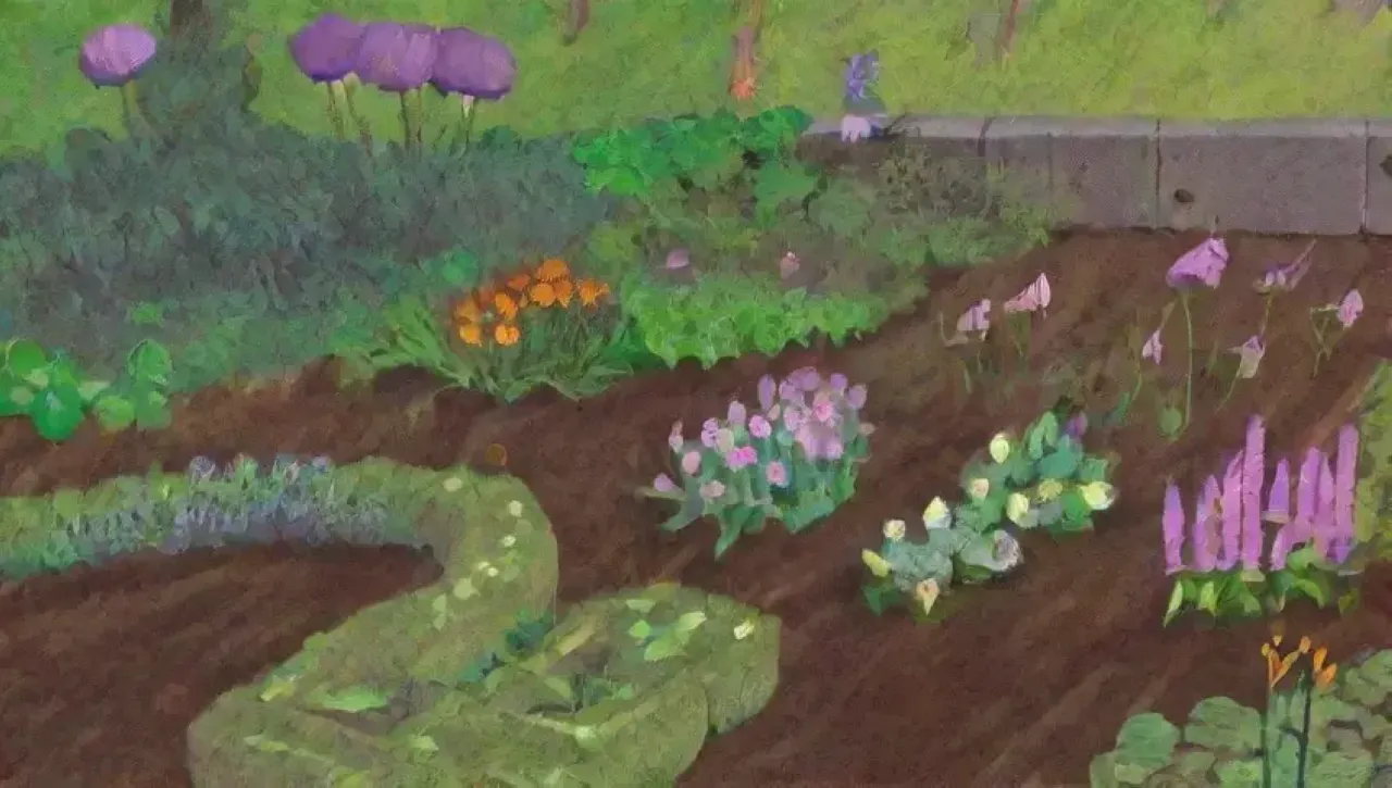 Un jardín vibrante y armonioso lleno de flores, insectos y aromas naturales