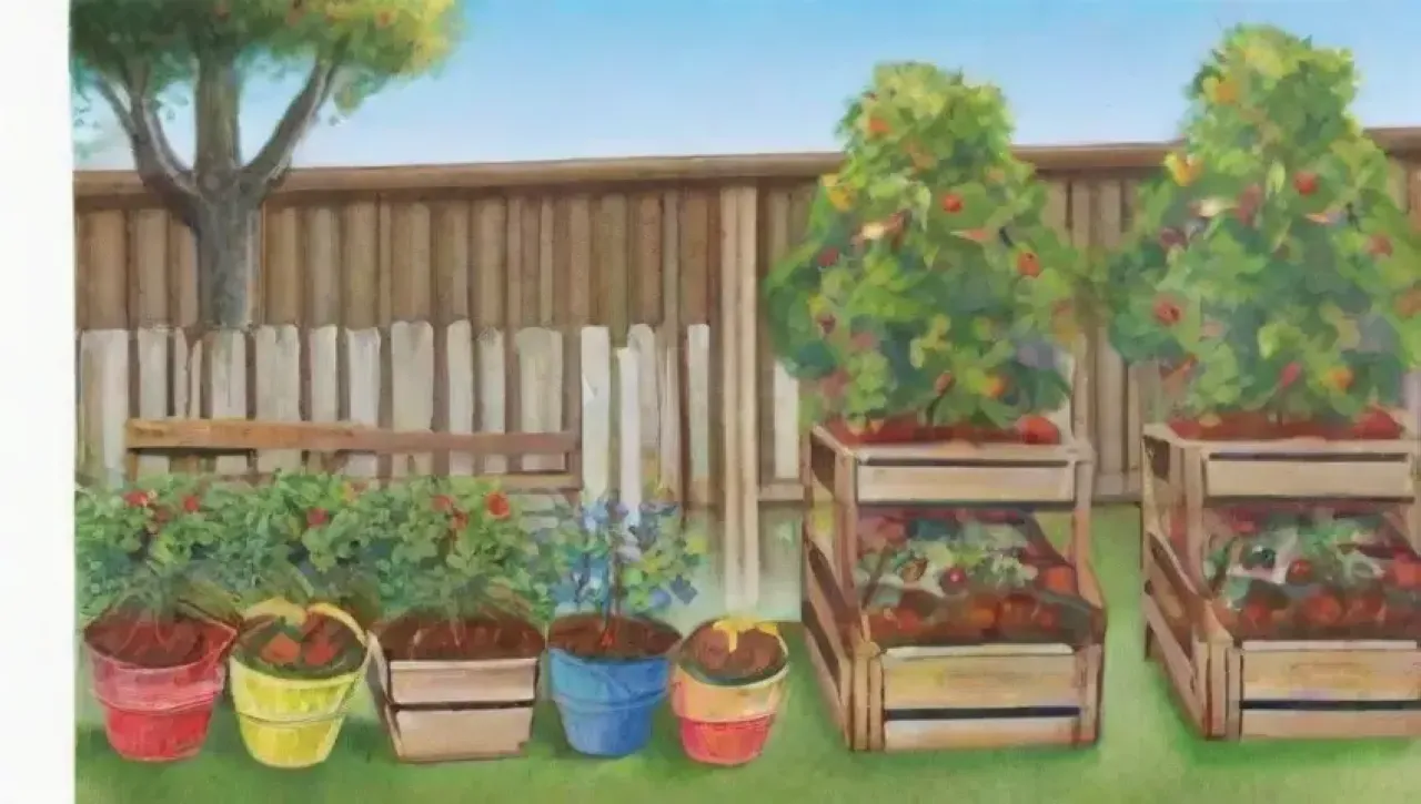 Un jardín vibrante y abundante lleno de frutas, flores y vida