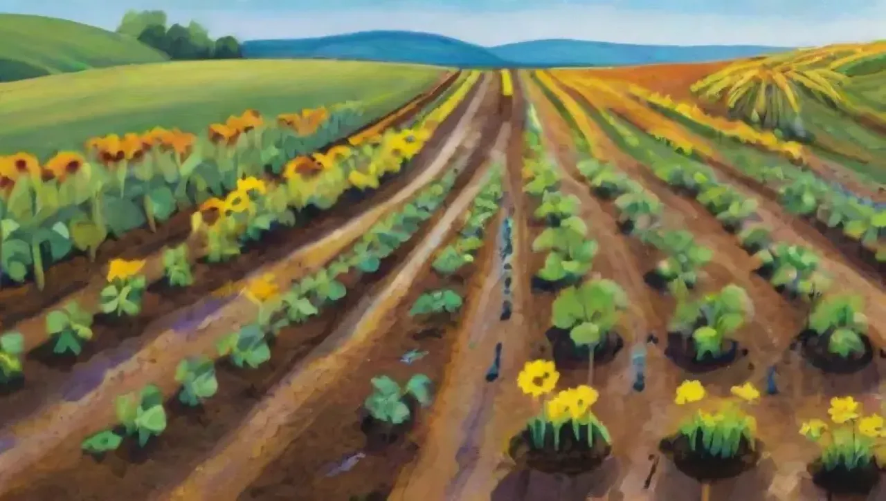 Un paisaje agrícola vibrante y armonioso lleno de vida y colores