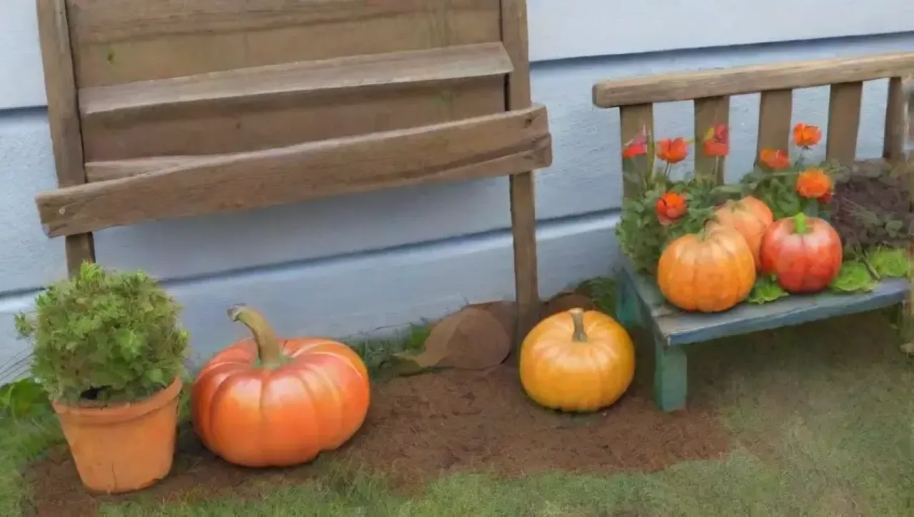 Un jardín otoñal lleno de herramientas, calabazas, manzanas y un ambiente acogedor