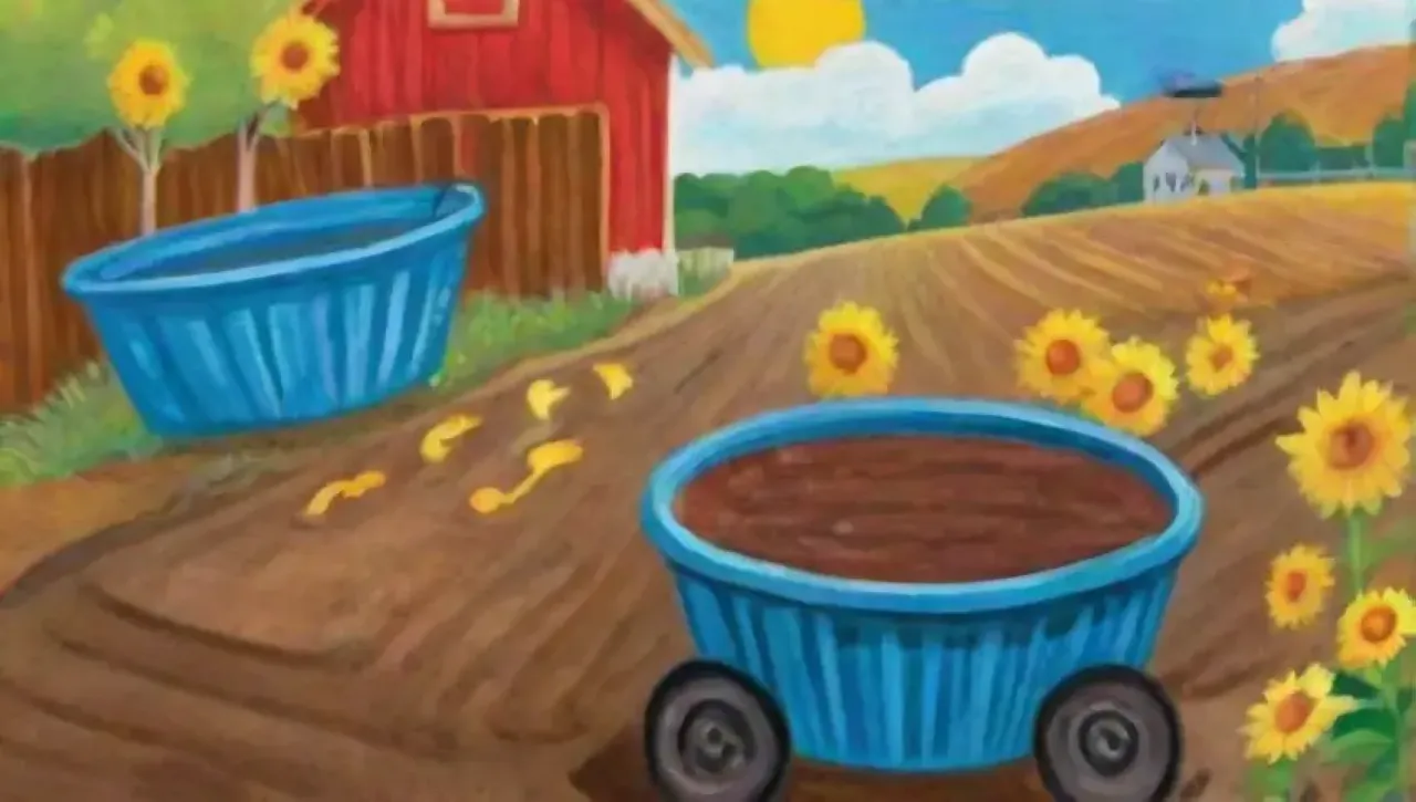 Un vibrante paisaje agrícola con campos verdes, girasoles dorados, flores de primavera, hojas de otoño y una atmósfera cálida