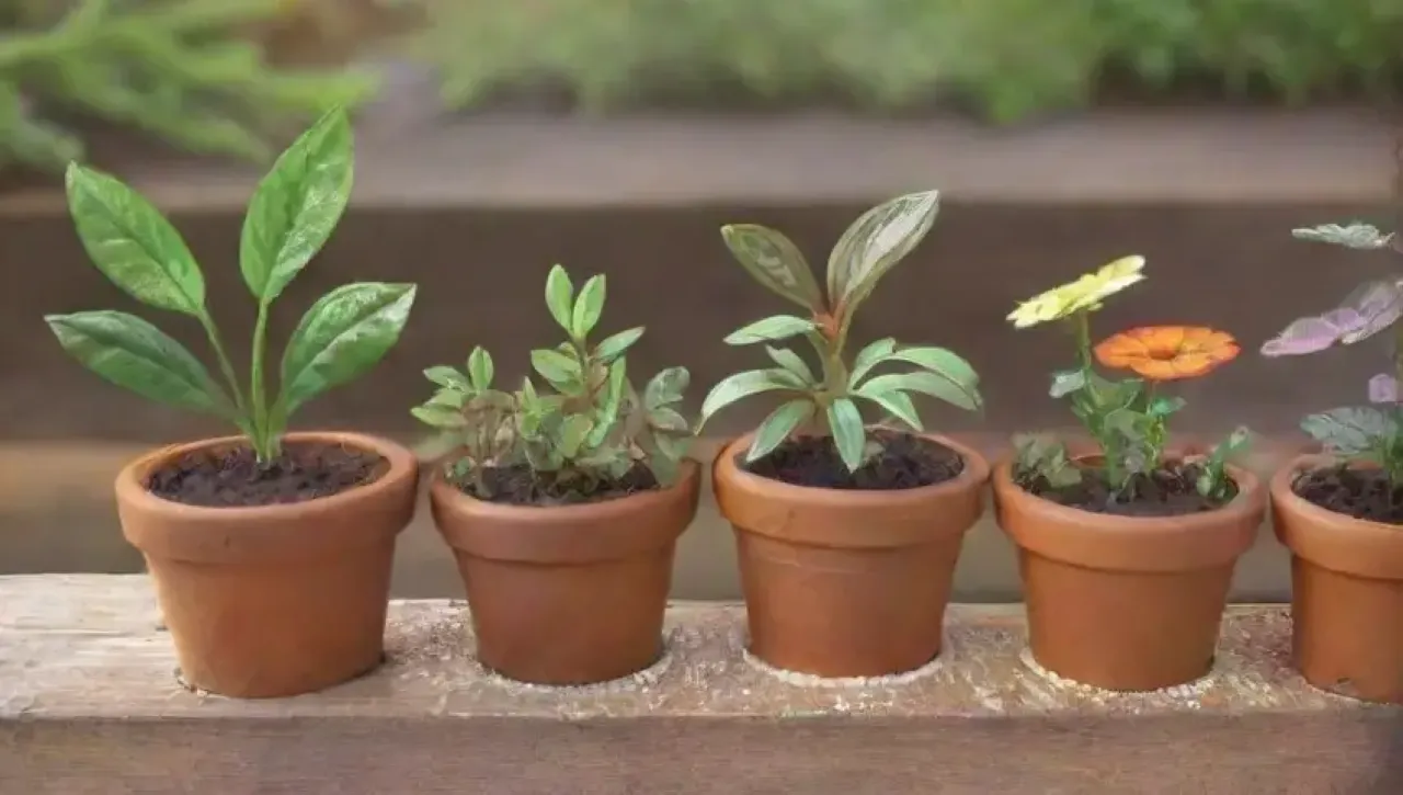 Un jardín vibrante con hojas verdes, flores coloridas y técnicas de injerto en un ambiente soleado