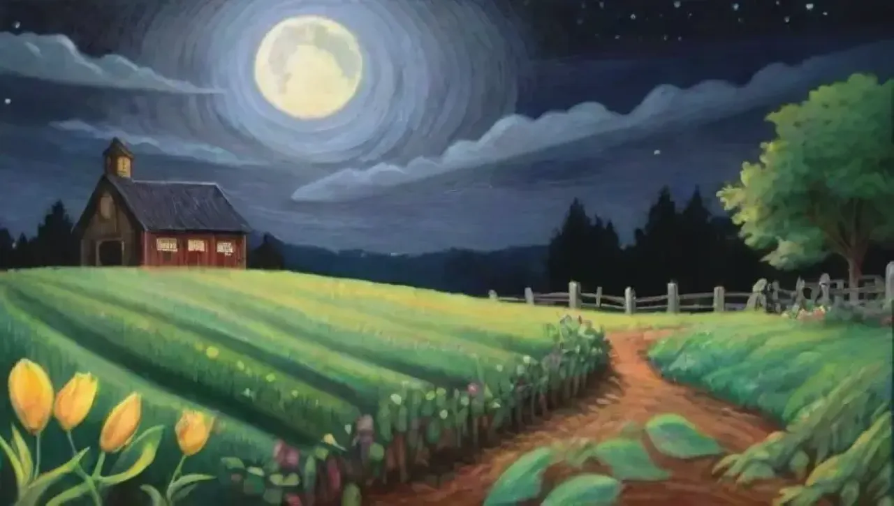 Una noche serena con luna llena ilumina campos y refleja la armonía de la naturaleza