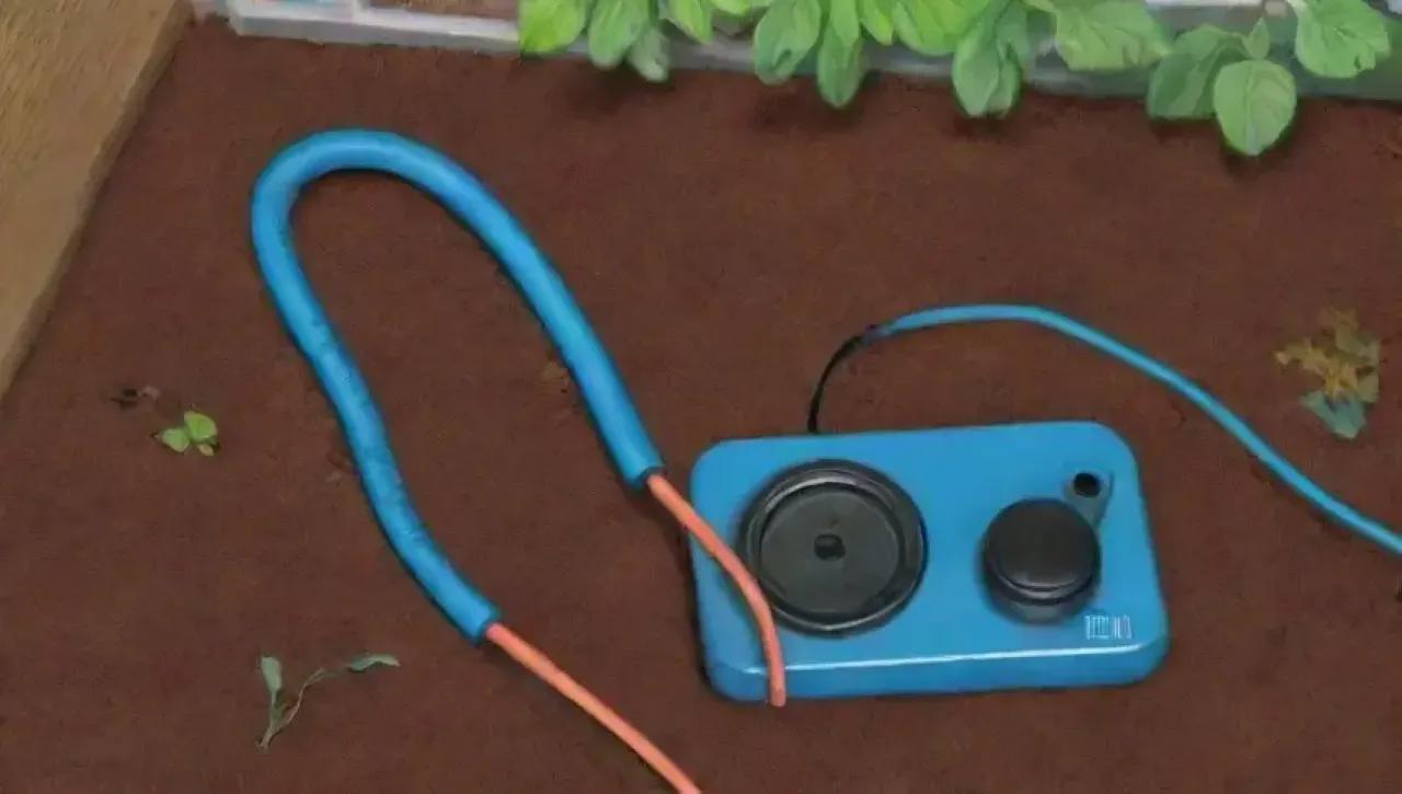 Un fondo vibrante con sensores de suelo, herramientas desordenadas y un jardín marchito bajo un cielo azul