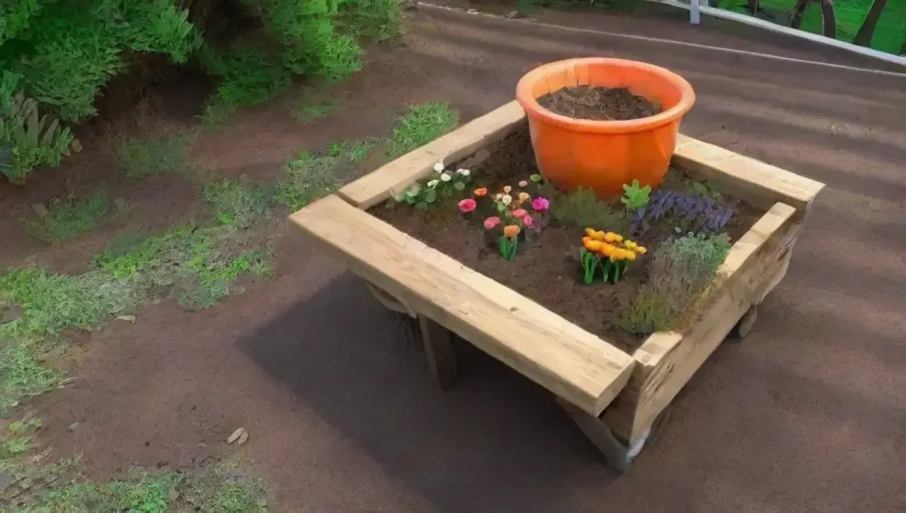 Un jardín vibrante y lleno de vida con plantas, flores, compost y naturaleza