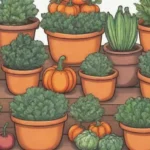 Verduras de otoño vibrantes y coloridas en jardineras acogedoras