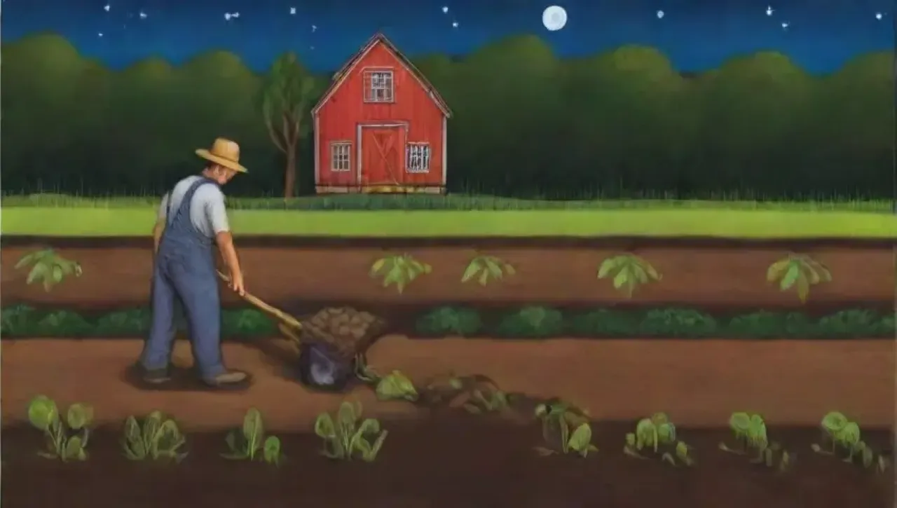 Una noche serena con luna llena ilumina campos verdes y un agricultor sembrando, rodeado de herramientas y tecnología, prometiendo abundancia