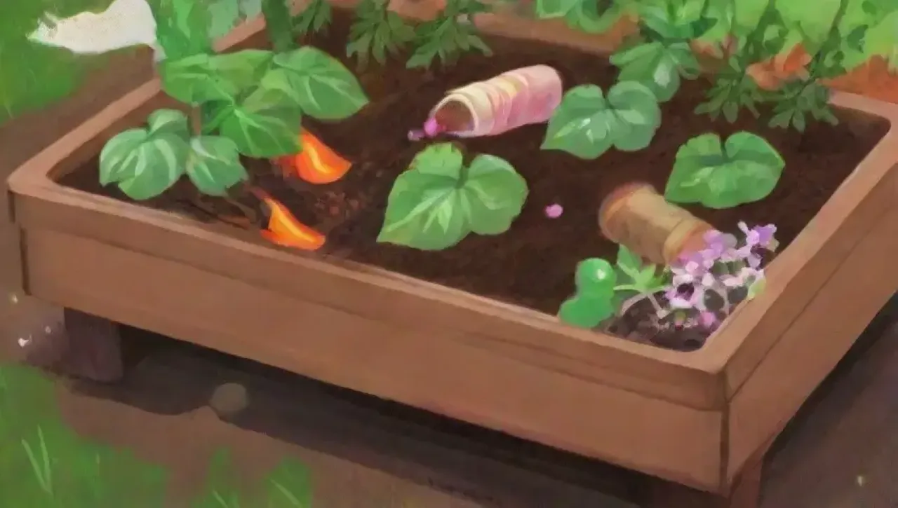 Un jardín vibrante y lleno de vida con compost y plantas en crecimiento
